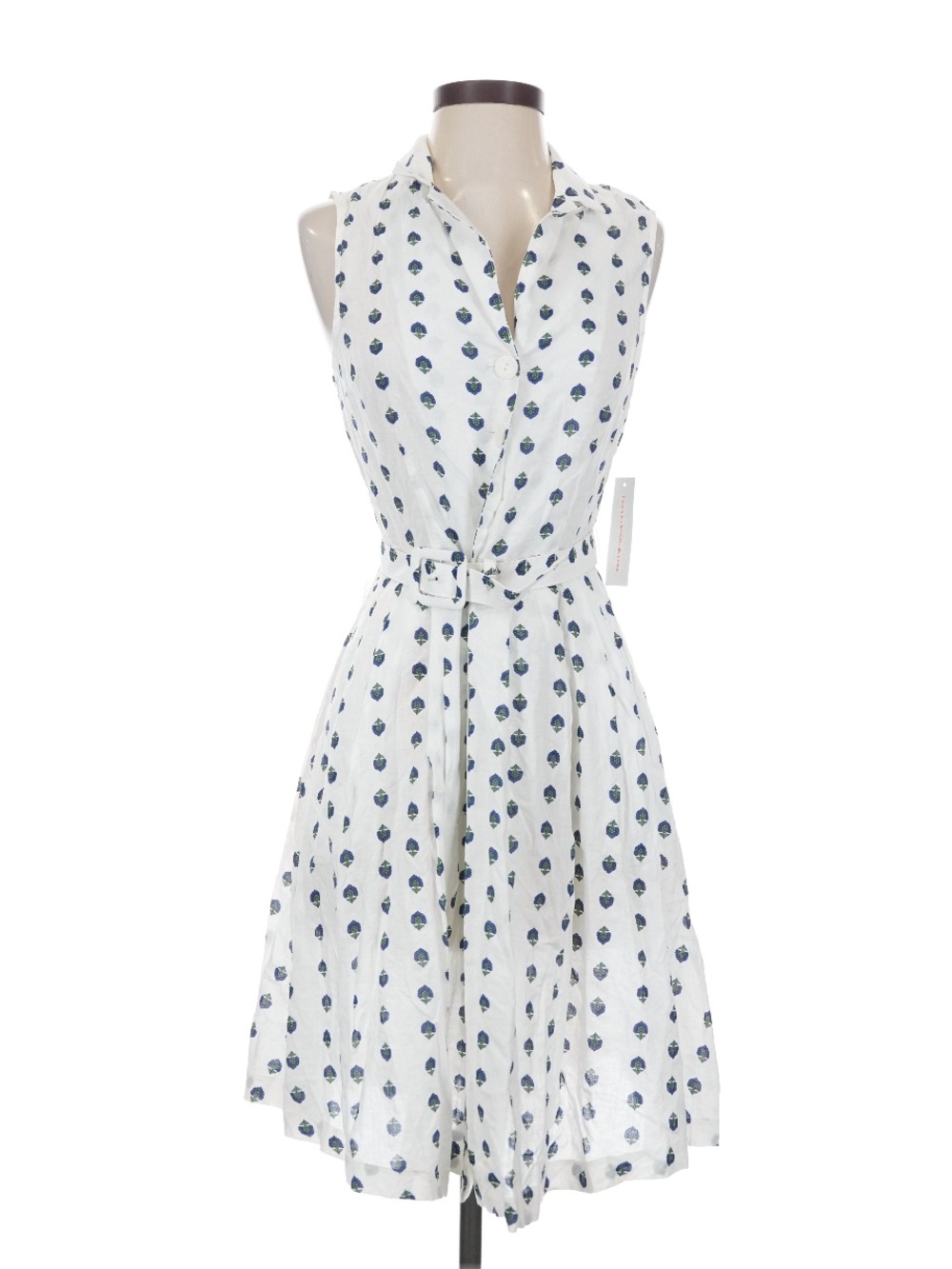 ModCloth White Midi Dress with green Print and Tie Belt